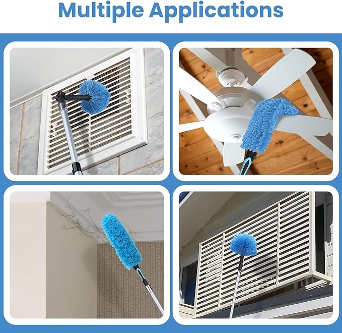 30ft High Ceiling Duster Kits with 5-24ft Heavy Duty Extension Pole - Fan Blade Cleaner, Cobweb Remover & Blue Window Squeegee Kit, Washable Dust Brush for High Roof and Glass Surfaces
