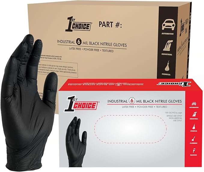1st Choice Black Nitrile Gloves, Disposable, Latex-Free, 6 Mil, Textured, Industrial, for Mechanics, Cleaning, Automotive Use