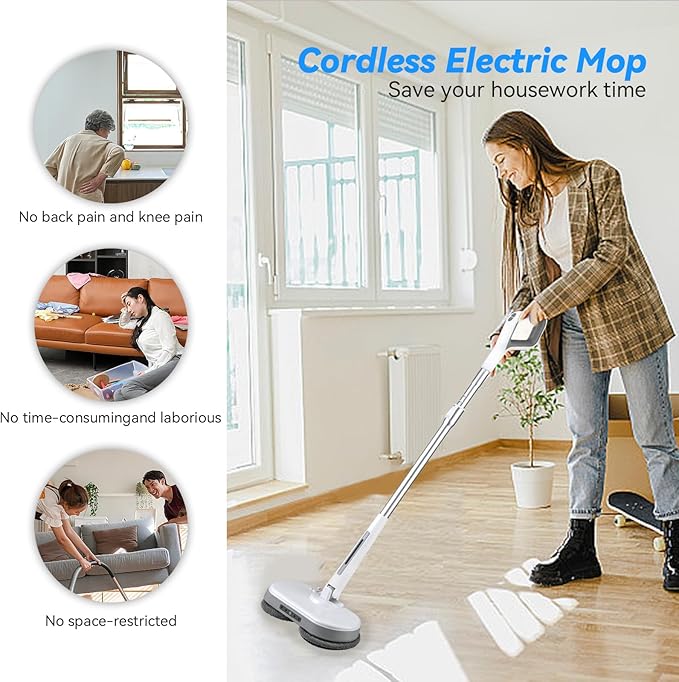 Cordless Electric Mop, Dual Motor Powerful Spin Mop 2600 mAh, Floor Polisher,1H Rechargeable Power Mops with LED Light/Water Sprayer, Electric Mops for Floor Cleaning for Hardwood, Tile, Rotate 180°