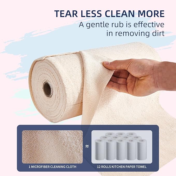 & PLUSH Microfiber Cleaning Cloth Roll - 85 Pack, Tear Away Microfiber Towels, 12" x 12", Reusable, Washable, Streak Free, Ultra Absorbent Dish Rags for Car, Home, Garage or Shop (Beige)