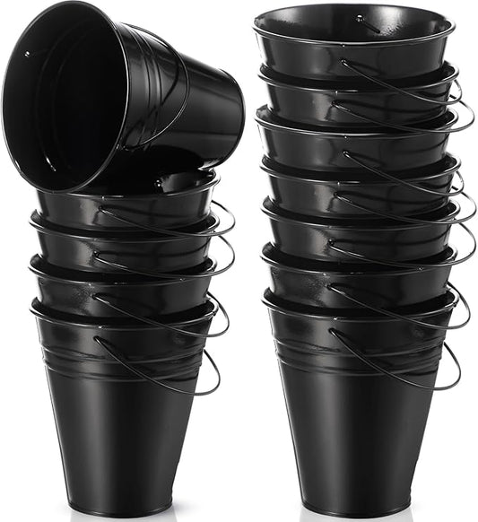 Sadnyy 12 Pack Metal Buckets with Handle, Galvanized Bucket 4.5 x 5 Inch Basket Bucket Party Supplies, Crafts for Christmas Halloween Candy Bars Vase Crafts(Black)