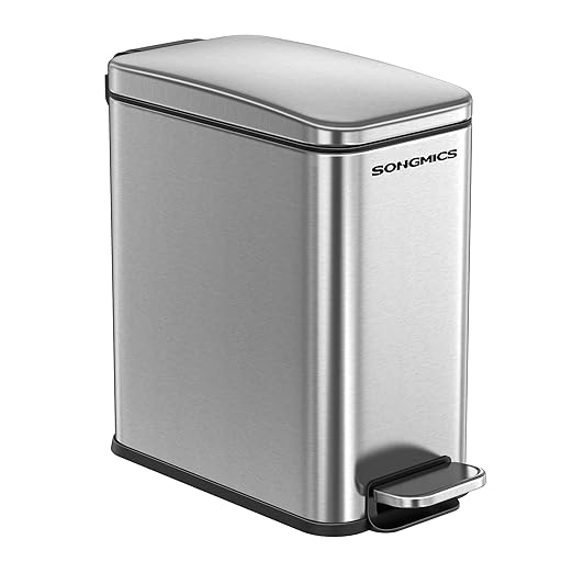 SONGMICS Bathroom Trash Can, 2.6 Gallon (10 L) Small Trash Bin with Lid, Slim for Small Spaces, Stainless Steel Garbage Can, Soft Close, Silver ULTB561E10