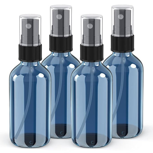 Wedama 4 oz Mini Glass Spray Bottles, Empty Small Spray Bottles with Funnel Dropper, Fine Mist for Hair, Travel, Plants, Cleaning Solutions and Skin Care (4 Pack Indigo Blue)