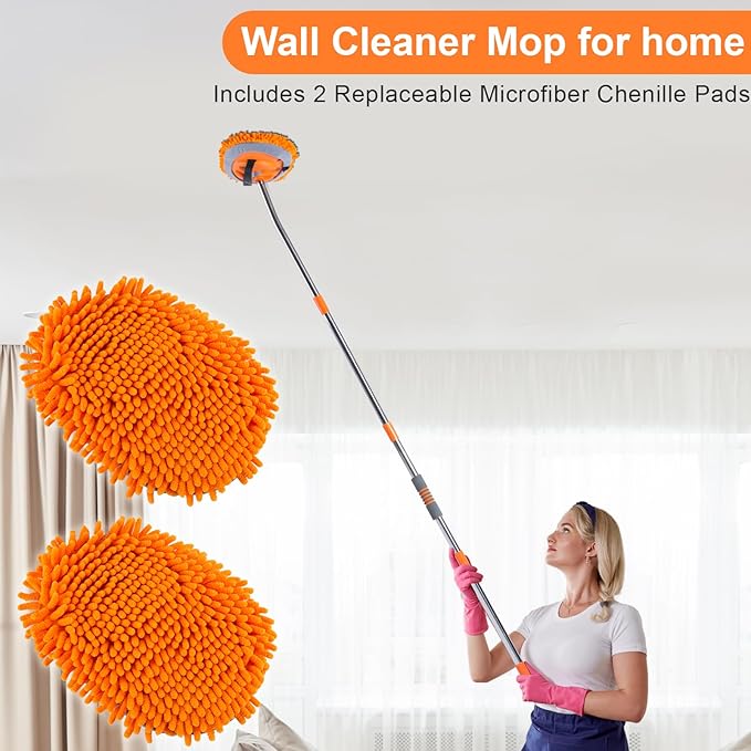 Wall Cleaner Mop with 56” Long Handle,15°Labor-Saving Elbow,Multi-Surface Duster for Painted Walls,Floor,Baseboard & Windows, Includes 2 Replaceable Microfiber Chenille Pads (Orange)