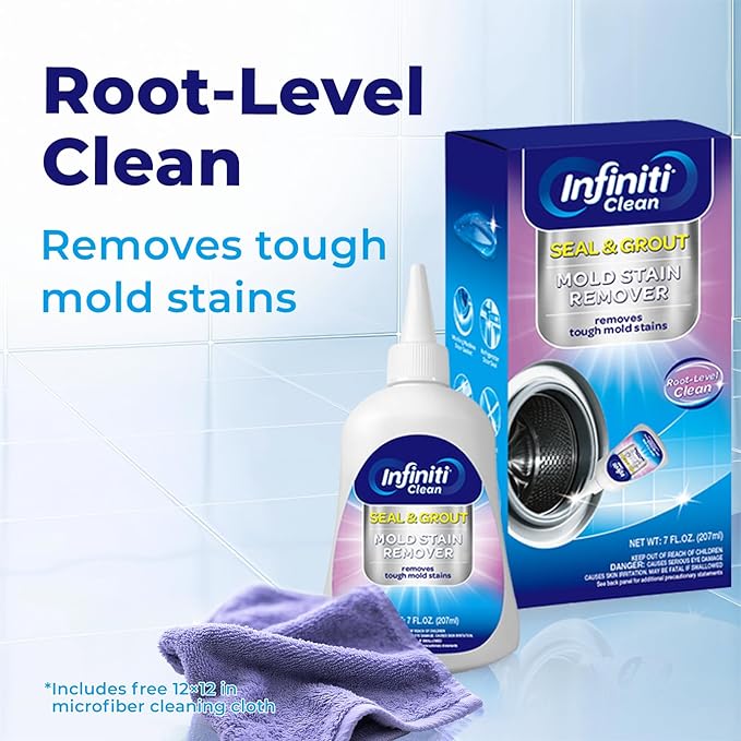 Mold Stain Remover Gel Cleaner Heavy Duty Cleaning Solution for Front Loader Washing Machine Seal, Bathroom Grout, Shower, Caulk - with 11.81" x 11.81" Purple Microfiber Cloth (7 fl oz)