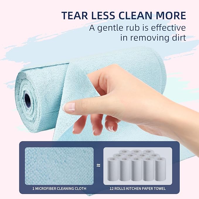 & PLUSH Microfiber Cleaning Cloth Roll - 70 Pack, Tear Away Microfiber Towels, 12" x 12", Reusable, Washable, Streak Free, Ultra Absorbent Dish Rags for Car, Home, Garage or Shop (Blue and White)