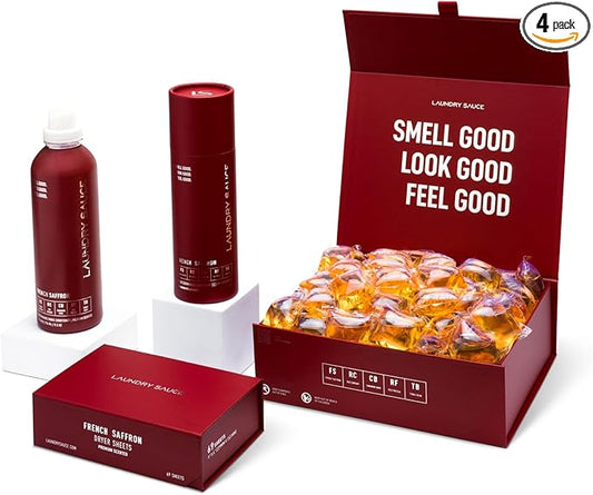 Laundry Sauce - Signature Bundle French Saffron, Scented Laundry Detergent Pods & Scent Booster, Fabric Softener, Dryer Sheets, Fabric Protection, Essential Oils, Long Lasting Luxury Fragrance