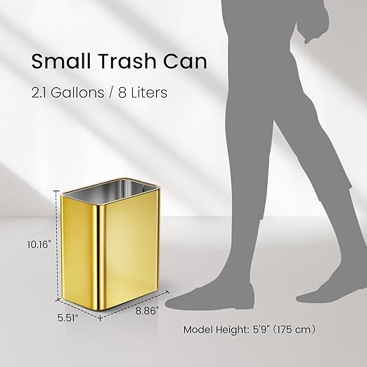 Cesun Small Bathroom Trash Can 2.1 Gallon Wastebasket, Modern Metal Garbage Can Office Waste Basket, Gold Stainless Steel Trash Bin for Bedroom, Home Office, Toilet, rv, Near Desk, Under Sink
