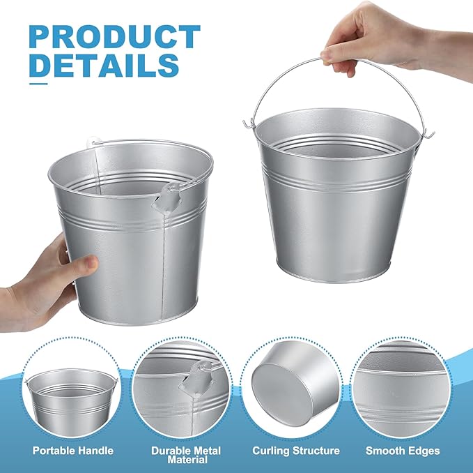 PATIKIL 5.9"x5.1" Small Metal Buckets with Handle, 6 Pcs Mini Galvanized Bucket Colorful Easter Buckets for Crafts Party Favors Decoration, Silver