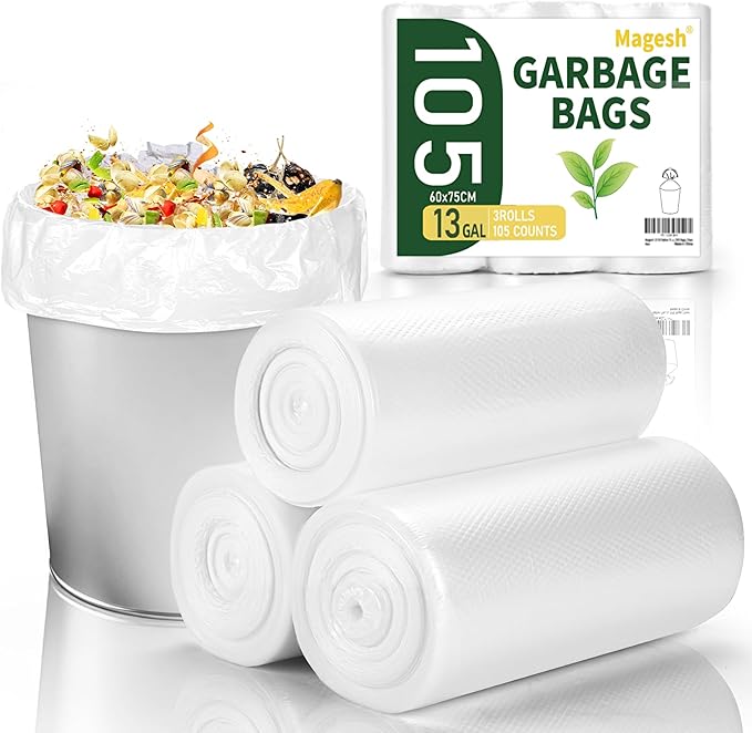 Magesh 12-13 Gallon Trash Bag Strong, Leakage-Free, Medium Garbage Bags Unscented Thick for Office, Kitchen Small Trash Can, 80L, 105 Bags, Clear
