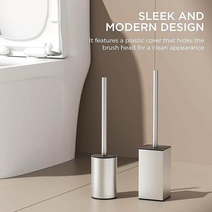 FORIOUS Toilet Brush and Holder Set, 304 Stainless Steel Heavy Duty Base and Handle for Bathroom Deep Cleaning, Toilet Bowl Cleaners Brush with Holder, Space Saving for Storage, Stainless Steel