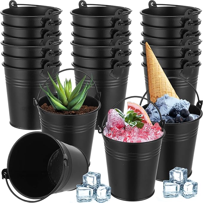 Mini Metal Buckets with Handles Galvanized Buckets 3.15 Inch Mini Container Pails for Metal Tin Plant Holder Pail for Wedding Decoration Party Favor(Black,28 Pcs)