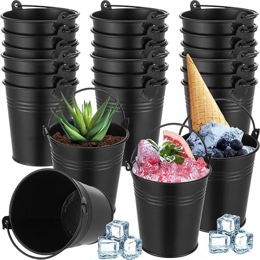 Mini Metal Buckets with Handles Galvanized Buckets 3.15 Inch Mini Container Pails for Metal Tin Plant Holder Pail for Wedding Decoration Party Favor(Black,28 Pcs)