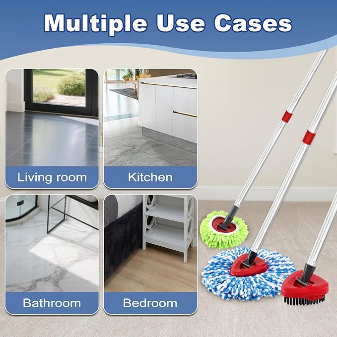 Mop Heads for O Cedar RinseClean 2 Tank Spin Mop System, 3 Microfiber Mop Head Refills and 3 Chenille Mop Pads,1 Scrub Brush, and 1 Mop Base with Mop Handle Set Combo