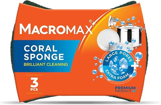 Macromax Coral Sponge – Ergonomic Heavy Duty Scrub Sponge for Kitchen – Large Pores for Extra Foam – Non-Scratch Dish Scrubber for Pots, Pans & Grills, 3-Pieces