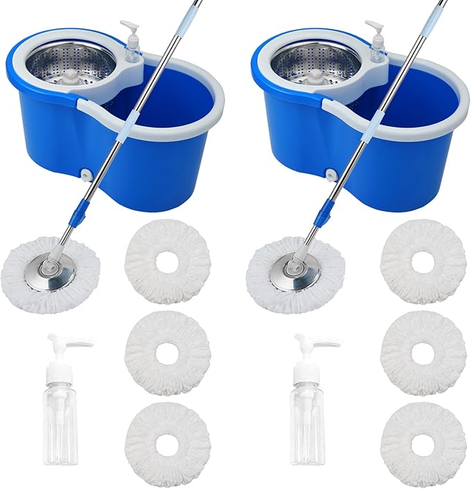 Mop and Bucket Set, 360° Spin Mop and Bucket with Wringer Set and 6 Microfiber Mop Refills, Stainless Steel 61" Extended Handle Spinning Mop Bucket System for Floor Cleaning (2 Sets)