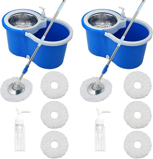 Mop and Bucket Set, 360° Spin Mop and Bucket with Wringer Set and 6 Microfiber Mop Refills, Stainless Steel 61" Extended Handle Spinning Mop Bucket System for Floor Cleaning (2 Sets)