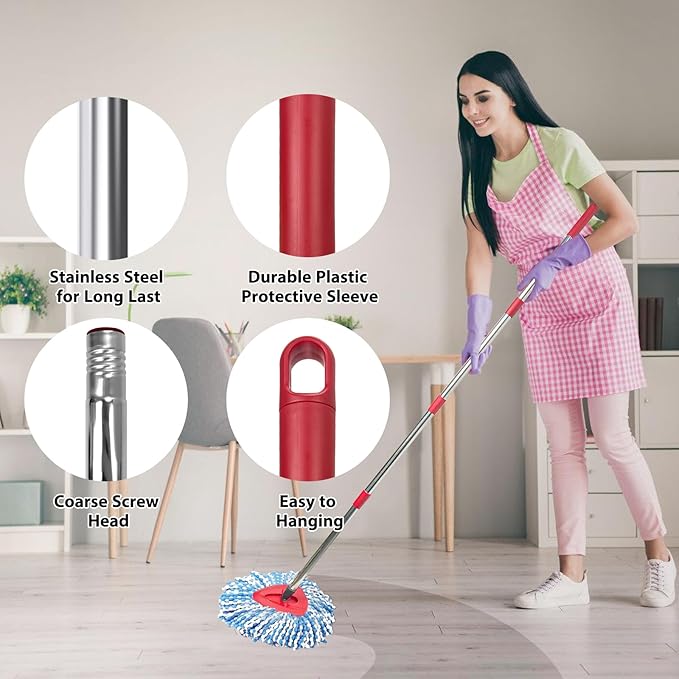 Spin Mop Replacement Set, Includes 2 Mop Head Replacement, 1 Spin Base, 1 Handle (30-58in Adjustable 4-Section Pole)