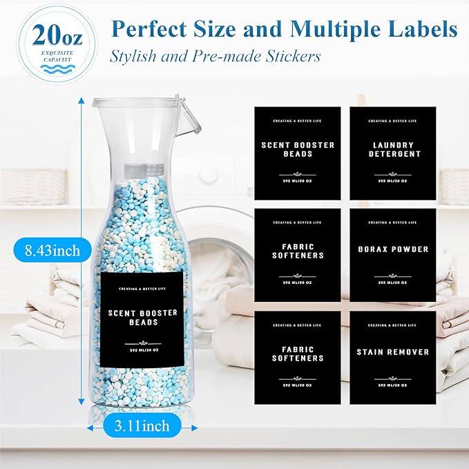Laundry Detergent Dispenser Bottle 20oz with Waterproof Label for Laundry Detergent Soap Fabric Softener Bleach Scent Booster Beads, Sturdy PET Bottle for Laundry Room Decor 2 Pack black