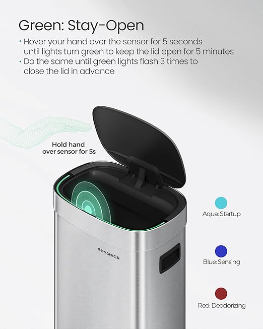 SONGMICS Kitchen Trash Can, 17.2-Gallon (65 L) Motion Sensor Garbage Can, Stainless Steel Trash Bin, Ozone Odor Control, Stay-Open, Metallic Silver ULTB660E01