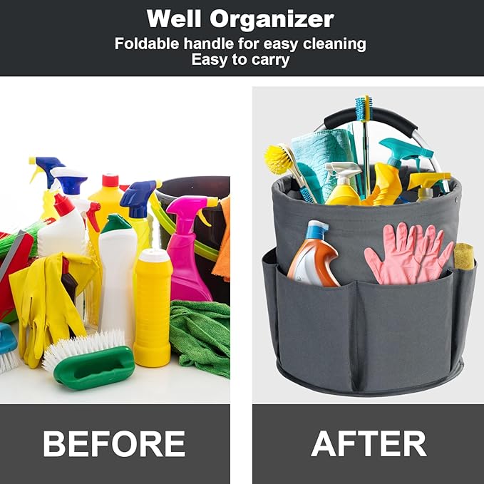 Cleaning Caddy with Handle, Cleaning Products Organiser, 17L Foldable Storage Basket, Cleaning Caddy Organiser, Portable Multi Cleaning Bucket Bag for Home, Garden (Dark Grey)