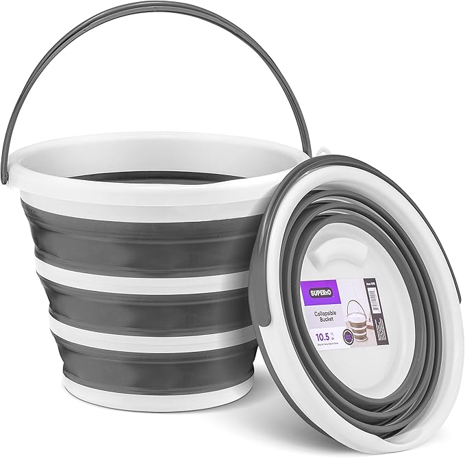 Superio Collapsible Bucket 2 Gallon Bucket with Handle Grey Car Wash Bucket Small Foldable Silicone Pail for Camping, Fishing, Cleaning, Mopping, 10 Liter, 6