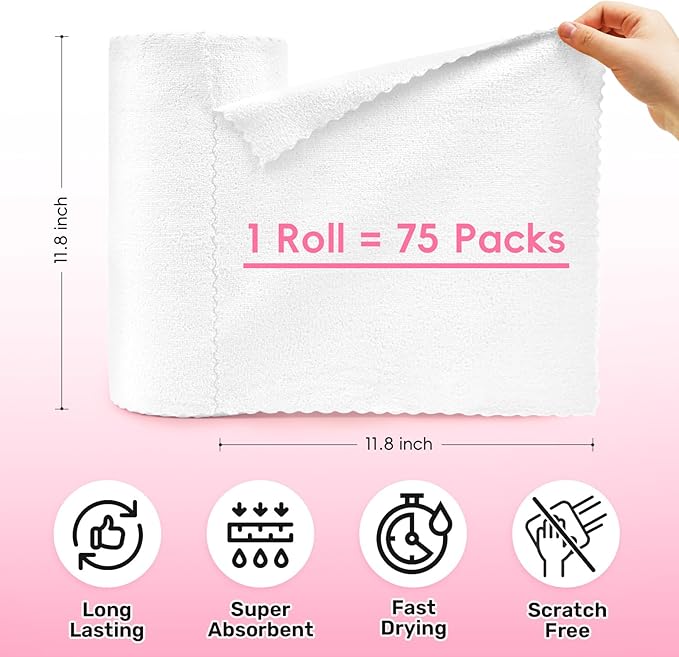 Microfiber Cleaning Cloths Roll, 75 Pack Tear Away Microfiber Towels Roll, 12" x 12" Lint Free Rags, Reusable Cleaning Cloths, Washable, Scratch Free,Ultra Absorbent Dish Rags(White)