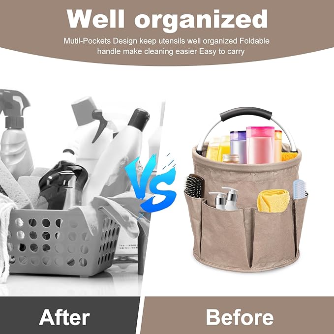 Cleaning Caddy with Handle, 17L Cleaning Supply Caddy Foldable Bucket Organizer Cleaning Products Organizers Cleaning Tools Bag 4.5 Gallon (Khaki)