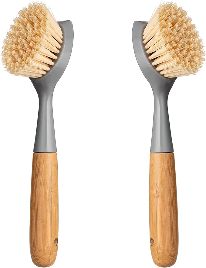 2 Pack Kitchen Dish Brush Bamboo Handle Dish Scrubber Built-in Scraper, Scrub Brush for Pans, Pots, Kitchen Sink Cleaning, Dishwashing and Cleaning Brushes are Perfect Cleaning Tools, Color-Gray