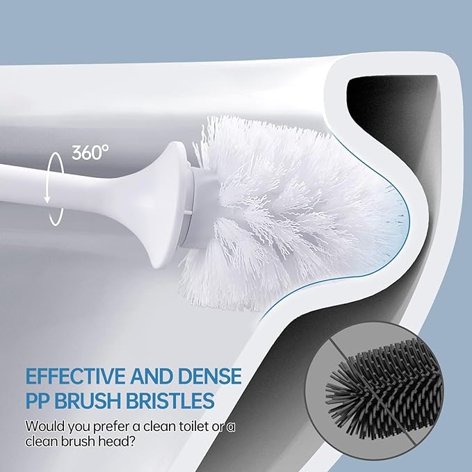 Toilet Brush, Toilet Bowl Brush and Holder Set for Bathroom, Toilet Cleaning Scrubber Brush for Bathroom for Deep Cleaning with Stiff Plastic Bristle, Ventilated Holder, Wall Mount Hook (White Head)