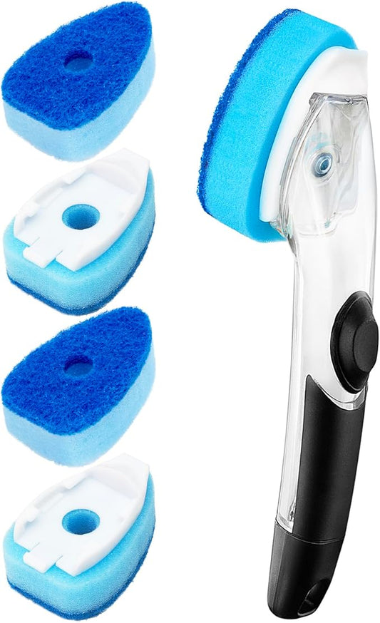 HELIME Dishwand Handle with Sponge Refills,5 Heavy Duty Dish Wand Refill with Hole,Non-Scratch Dishwashing Brush with Soap Control Dispenser, Leak-Proof Kitchen Scrubber for Pans,Dishes,Scrub Clean