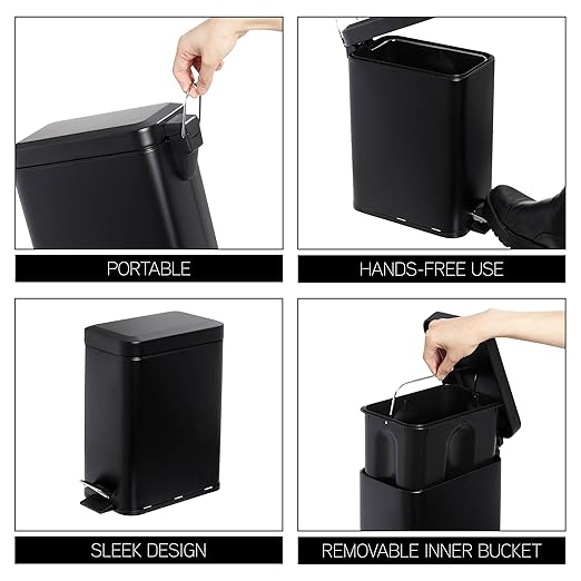 simplemade Rectangle Step Trash Can - 5 Liter / 1.3 Gallon - Stainless Steel Bathroom Trash Can | Small Trash Can with Lid | Office Trash Can | Garbage Can with Lid | Metal Wastebasket (Black)