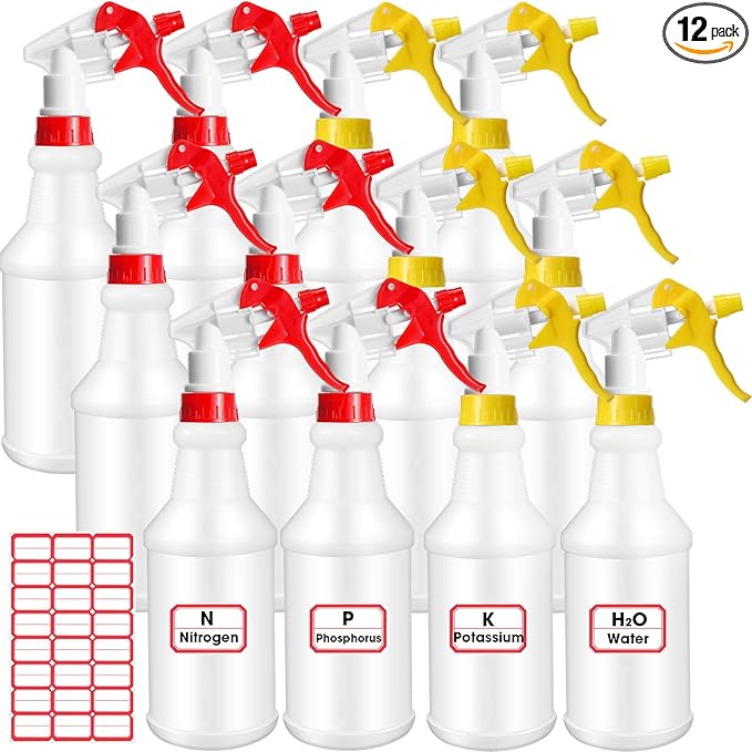 Gerrii 12 Pcs Plastic Spray Bottles with Adjustable Nozzle and Label for Cleaning 24 oz Anti Leak HDPE Spraying Bottles Empty Water Squirt Bottle(Red, Yellow)