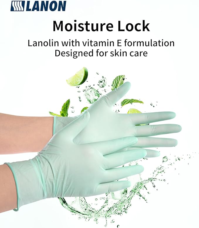 LANON 5 mil Vitamin-E Coated Latex Disposable Gloves, Food-Contact Grade, Fully Textured, Green, Medium