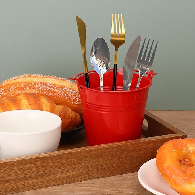 18 Pack 4 Inch Red Mini Metal Bucket, Elegant Galvanized Buckets with Handles, Tin Buckets, Small Iron Bucket, Mini Metal Pail for Party Favors, Crafts, Garden & Beach