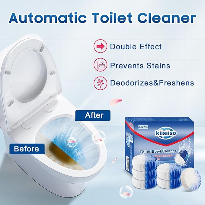 KIISIISO Toilet Bowl Cleaner Tablets, 12 PACK Commercial Household Bathroom Cleaners, Automatic Toilet Tank Cleaners Deodorizers(Blue and White)