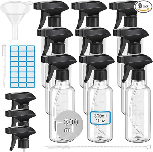 9 Pcs 10oz/300ml Plastic Spray Bottle Bulk for Plant Small Spray Bottle Fine Mist Water Sprayer with Measurement Upgraded Adjustable Nozzle Refillable Empty Container for Cleaning, Hair, Cooking