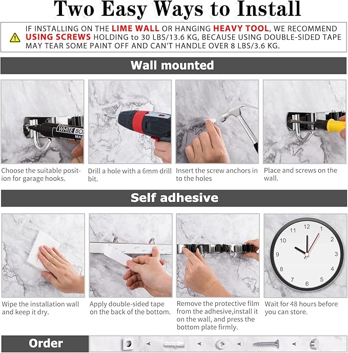 2 Pack Mop and Broom Holder Wall Mount, 5 Racks and 4 Hooks Broom Organizer Storage Tool Racks Stainless Steel Heavy Duty Hooks Self Adhesive Solid Non-slip for Home Kitchen Garden Laundry Garage