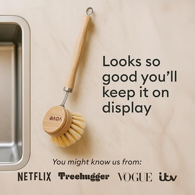 Vove Bamboo Dish Brush, FSC-Certified - Includes 3 Replacement Heads - Natural Fiber Bristles - Non-Toxic, Plastic-Free - Scrub Brush for Pots, Pans & Dishes