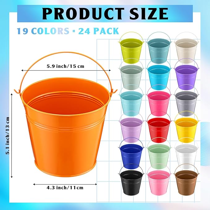 Bokon 24 Pack Colored Metal Small Bucket with Handle 6 x 4.3 x 5 Inch Galvanized Bucket Pail Bulk for Ice Tin Can Classroom Crafts Party Favor Decoration Table Centerpieces Christmas Wedding Birthday