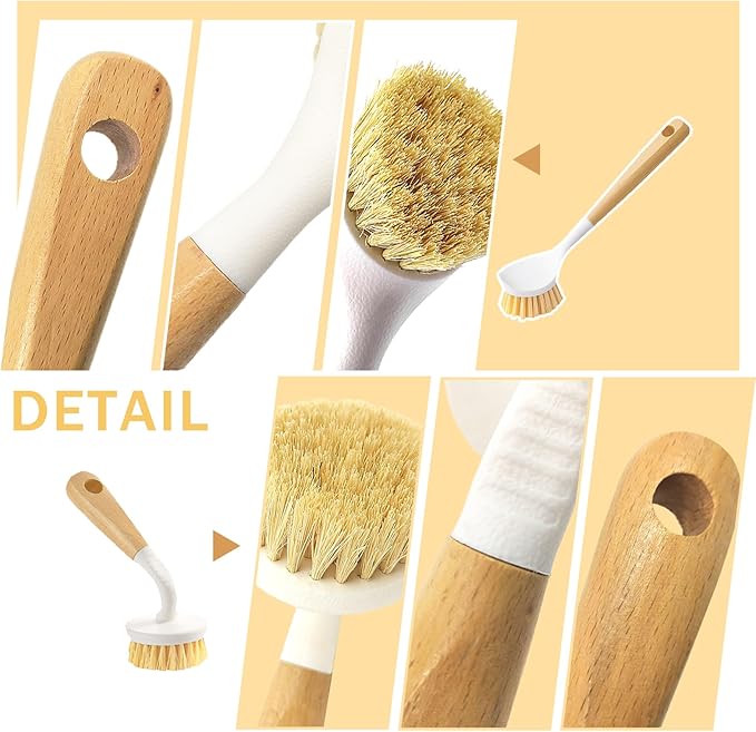 Dish Brush with Handle, Long and Short Handle Kitchen Scrub Brushes with Tough Bristles, Natural Dish Scrubber Brush for Dishes, Pans, Pots and Kitchen Sink Cleaning, 2 Pack White