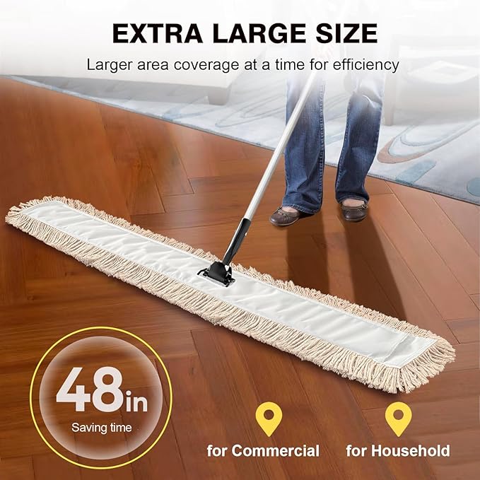 Commercial Dust Mop & Floor Sweeper，48" Industrial Dry Mop with Heavy Duty Long Handle, Premium Cotton Dust Mop Head for Hardwood Floors, Industrial, Commercial, and Residential Cleaning