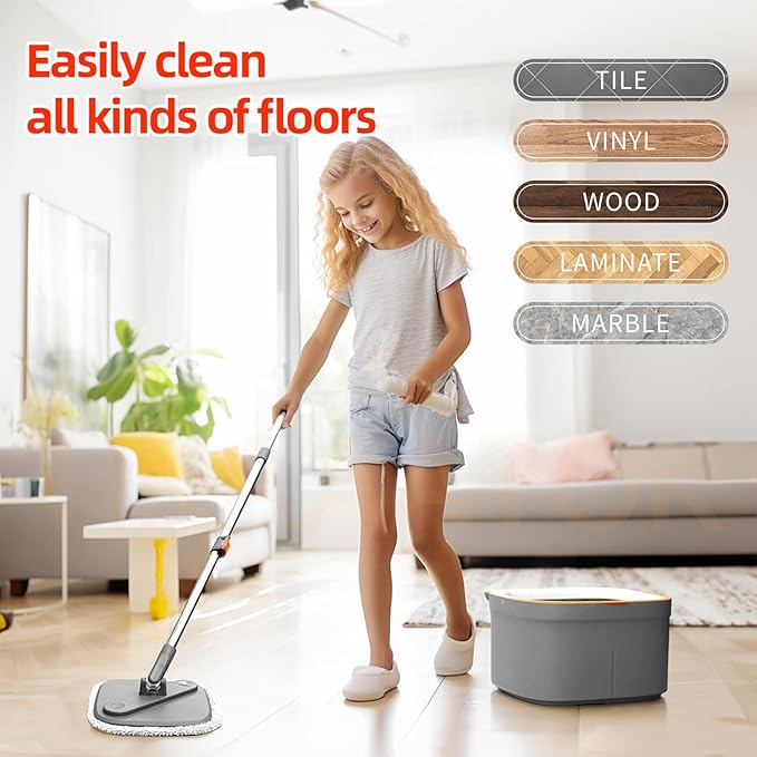 Spin Mop and Bucket Set with Self Separation Dirty and Clean Water System Self Wringing 360° Rotating Clean Mop-Head for Hardwood Tile Marble Floors with 6pads