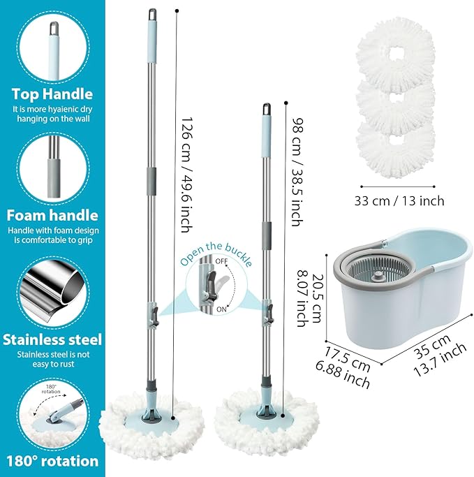 Spin Mop and Bucket with Wringer Set, 360° Spinning Mop Bucket System with 3 Microfiber Mop Replacement Heads and 50" Stainless Steel Adjustable Handle for Floor Cleaning (15QT)