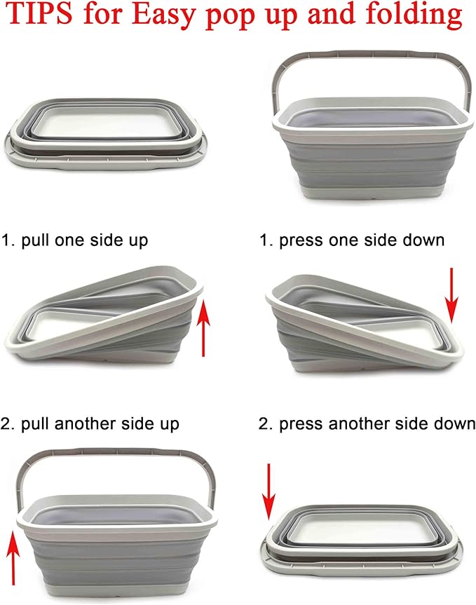 SAMMART Set of 2-11.6L (3.06 Gallon) Collapsible Rectangular Handy Basket/Bucket (Grey, 2)