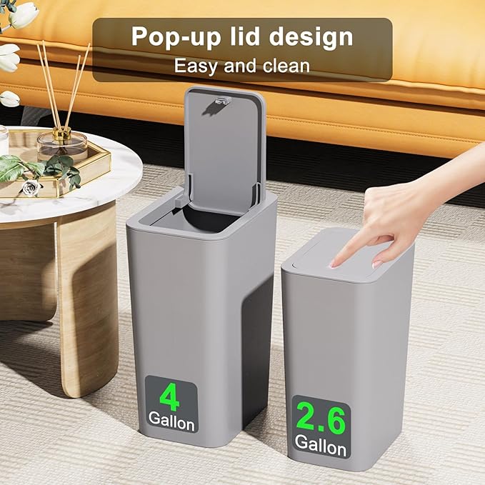 N. NETDOT 3 Pack (2 of 4 Gal & 1 of 2.6 Gal) Small Trash Can with Lid,Bathroom Garbage Can with Pop-Up Lid,Waste Basket for Bathroom,Kitchen,Bedroom,Powder Room,Craft Room,Office,College (Gray)