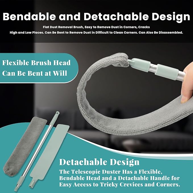 Flat Duster, Retractable Gap Dust Cleaning Artifact, Extendable Microfiber Duster with Bendable & Removable Head, Reusable Washable Dusting Wand for Home,Ceiling,Blinds (1Set)