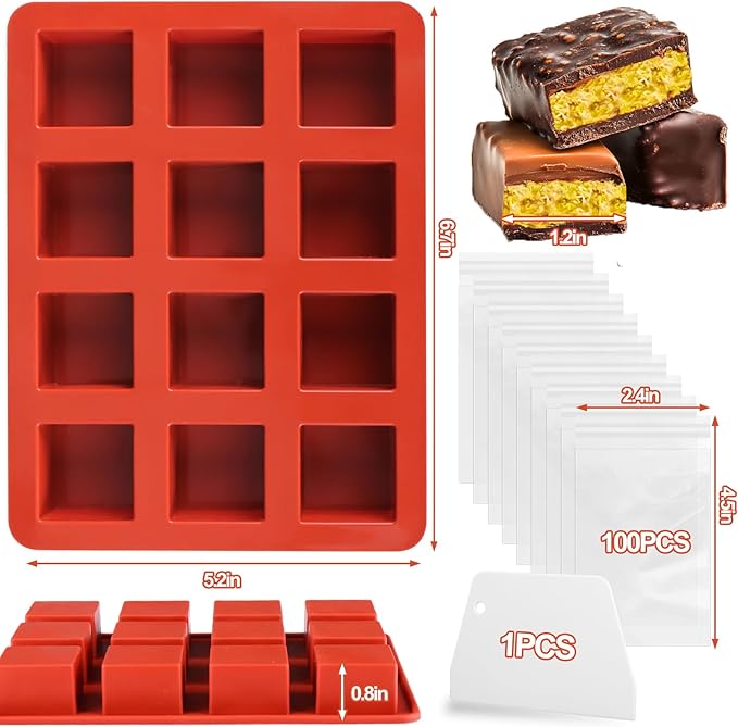 Mity rain Chocolate Bar Mold Deep, Silicone Dubai Chocolate Bar Pistachio Molds with Bags Scraper, Square Fix Chocolate Bar Dubai Candy Bar Mold for Filling Knafeh Pistachio Cream（1pc）