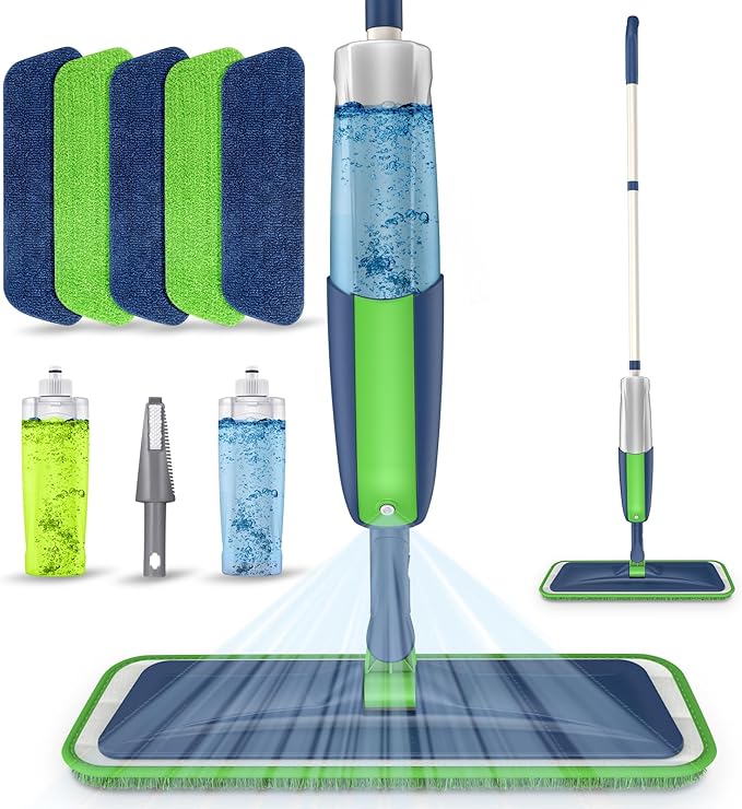 MEXERRIS Spray Wet Mops with 5X Washable Pads for Floor Cleaning, Dust Mops with 2X Bottles Commercial Home Use for Hardwood Laminate Vinyl Tiles Wood Floor, Green