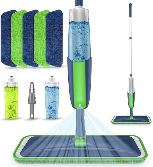 MEXERRIS Spray Wet Mops with 5X Washable Pads for Floor Cleaning, Dust Mops with 2X Bottles Commercial Home Use for Hardwood Laminate Vinyl Tiles Wood Floor, Green